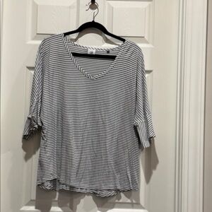 CAbi Black and White Striped V-Neck Top